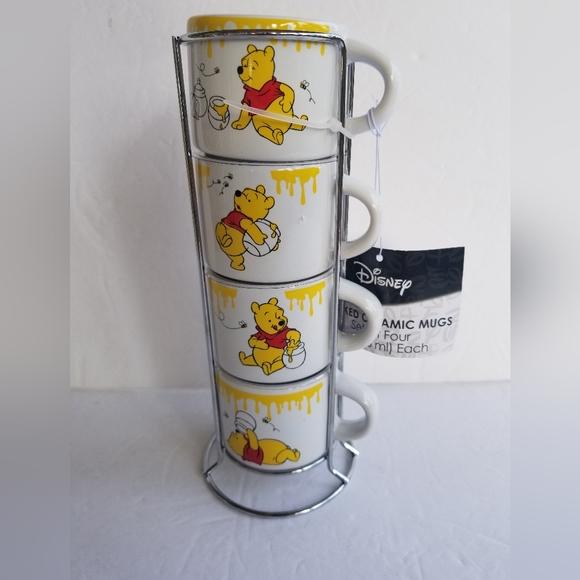 Set Of 4 Disney Winnie The Pooh 3oz Stacking Espresso Cups With Metal Rack - Picture 3 of 5